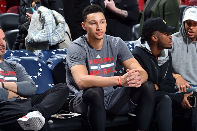 PHILADELPHIA, PA - FEBRUARY 11: Ben Simmons #25 of the Philadelphia 76ers looks on before the game against the Miami Heat on February 11, 2017 at Wells Fargo Center in Philadelphia, Pennsylvania. NOTE TO USER: User expressly acknowledges and agrees that, by downloading and or using this photograph, User is consenting to the terms and conditions of the Getty Images License Agreement. Mandatory Copyright Notice: Copyright 2017 NBAE (Photo by Jesse D. Garrabrant/NBAE via Getty Images)