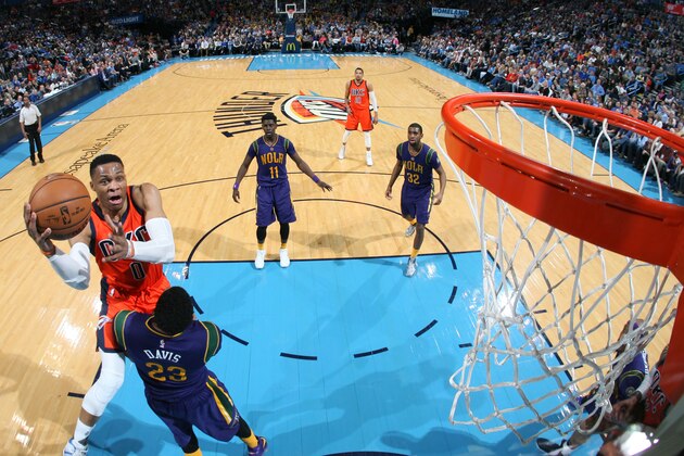 OKLAHOMA CITY, OK - FEBRUARY 26: Russell Westbrook #0 of the Oklahoma City Thunder shoots the ball against the New Orleans Pelicans on February 26, 2017 at the Chesapeake Energy Arena in Oklahoma City, Oklahoma. NOTE TO USER: User expressly acknowledges and agrees that, by downloading and or using this Photograph, user is consenting to the terms and conditions of the Getty Images License Agreement. Mandatory Copyright Notice: Copyright 2017 NBAE (Photo by Layne Murdoch/NBAE via Getty Images)