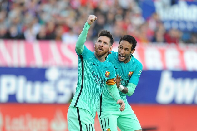 MADRID, SPAIN - FEBRUARY 26:  Lionel Messi of FC Barcelona celebratea with Neymar after scoring his 2nd goal during the La Liga match between Club Atletico de Madrid and FC Barcelona at Vicente Calderon Stadium on February 26, 2017 in Madrid, Spain.  (Photo by Denis Doyle/Getty Images)