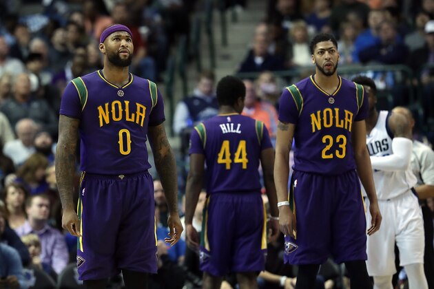 DALLAS, TX - FEBRUARY 25:  DeMarcus Cousins #0 and Anthony Davis #23 of the New Orleans Pelicans at American Airlines Center on February 25, 2017 in Dallas, Texas.  NOTE TO USER: User expressly acknowledges and agrees that, by downloading and/or using this photograph, user is consenting to the terms and conditions of the Getty Images License Agreement.  (Photo by Ronald Martinez/Getty Images)