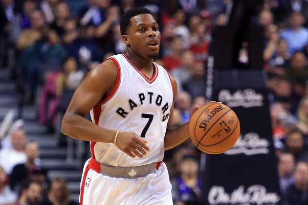 TORONTO, ON - JANUARY 24:  Kyle Lowry #7 of the Toronto Raptors dribbles the ball during the first half of an NBA game against the San Antonio Spurs at Air Canada Centre on January 24, 2017 in Toronto, Canada.  NOTE TO USER: User expressly acknowledges and agrees that, by downloading and or using this photograph, User is consenting to the terms and conditions of the Getty Images License Agreement.  (Photo by Vaughn Ridley/Getty Images)