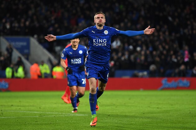LEICESTER, ENGLAND - FEBRUARY 27:  Jamie Vardy of Leicester City celebrates after scoring his second and his sides third goal during the Premier League match between Leicester City and Liverpool at The King Power Stadium on February 27, 2017 in Leicester, England.  (Photo by Michael Regan/Getty Images)