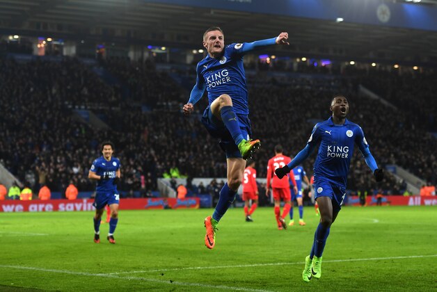 LEICESTER, ENGLAND - FEBRUARY 27:  Jamie Vardy of Leicester City celebrates after scoring his second and his sides third goal during the Premier League match between Leicester City and Liverpool at The King Power Stadium on February 27, 2017 in Leicester, England.  (Photo by Michael Regan/Getty Images)