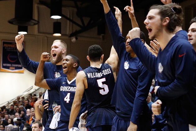 MALIBU, CA - JANUARY 28:  Przemek Karnowski #24, and Jordan Mathews #4 of the Gonzaga Bulldogs cheer on their teammates during the game against the Pepperdine Waves at Firestone Fieldhouse on January 28, 2017 in Malibu, California.  (Photo by Josh Lefkowitz/Getty Images)