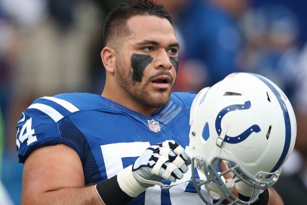 ORCHARD PARK, NY - SEPTEMBER 13: David Parry #54 of the Indianapolis Colts warms up before the start of NFL game action against the Buffalo Bills at Ralph Wilson Stadium on September 13, 2015 in Orchard Park, New York. (Photo by Tom Szczerbowski/Getty Images)