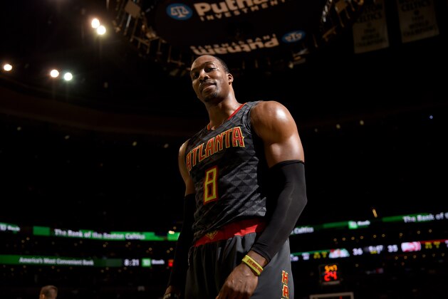 BOSTON, MA - FEBRUARY 27:  Dwight Howard #8 of the Atlanta Hawks looks on during the game against the Boston Celtics on February 27, 2017 at the TD Garden in Boston, Massachusetts.  NOTE TO USER: User expressly acknowledges and agrees that, by downloading and or using this photograph, User is consenting to the terms and conditions of the Getty Images License Agreement. Mandatory Copyright Notice: Copyright 2017 NBAE  (Photo by Brian Babineau/NBAE via Getty Images)