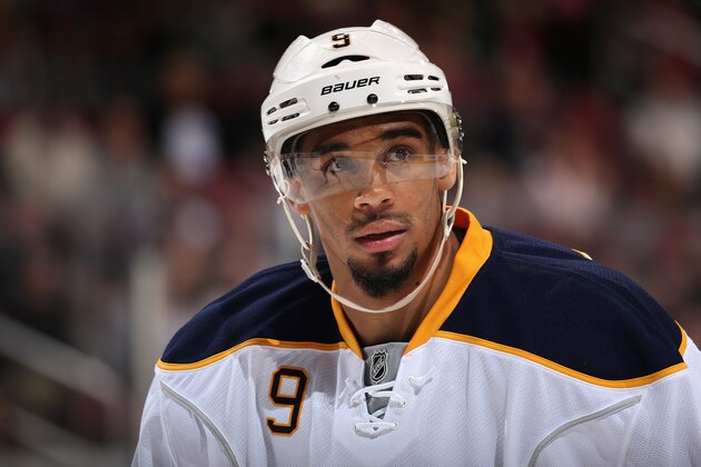 GLENDALE, AZ - FEBRUARY 26: Evander Kane #9 of the Buffalo Sabres skates up to the face-off circle during the second period of the NHL game against the Arizona Coyotes at Gila River Arena on February 26, 2017 in Glendale, Arizona. (Photo by Christian Petersen/Getty Images) GLENDALE, AZ - FEBRUARY 26: Evander Kane #9 of the Buffalo Sabres skates up to the face-off circle during the second period of the NHL game against the Arizona Coyotes at Gila River Arena on February 26, 2017 in Glendale, Arizona. (Photo by Christian Petersen/Getty Images)