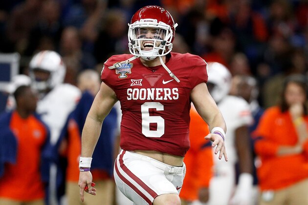 NEW ORLEANS, LA - JANUARY 02:  Baker Mayfield #6 of the Oklahoma Sooners reacts after a touchdown against the Auburn Tigers during the Allstate Sugar Bowl at the Mercedes-Benz Superdome on January 2, 2017 in New Orleans, Louisiana.  (Photo by Jonathan Bachman/Getty Images)