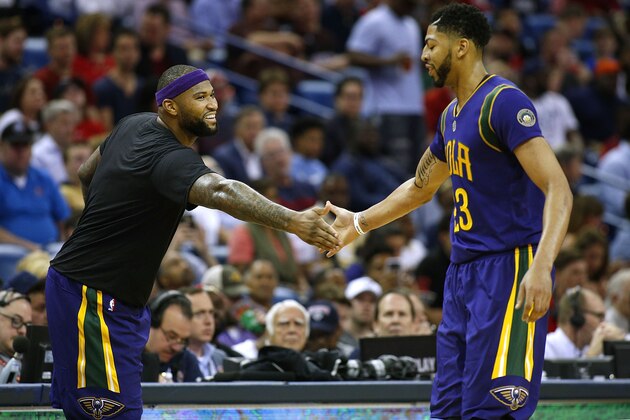 NEW ORLEANS, LA - FEBRUARY 23:  DeMarcus Cousins #0 of the New Orleans Pelicans and Anthony Davis #23 react during the first half of a game against the Houston Rockets at the Smoothie King Center on February 23, 2017 in New Orleans, Louisiana. NOTE TO USER: User expressly acknowledges and agrees that, by downloading and or using this photograph, User is consenting to the terms and conditions of the Getty Images License Agreement.  (Photo by Jonathan Bachman/Getty Images)