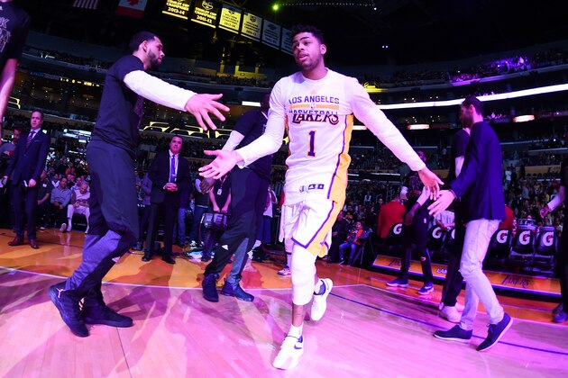 LOS ANGELES, CA - FEBRUARY 26: D'Angelo Russell #1 of the Los Angeles Lakers gets introduced before the game against the San Antonio Spurs on February 26, 2017 at STAPLES Center in Los Angeles, California. NOTE TO USER: User expressly acknowledges and agrees that, by downloading and/or using this Photograph, user is consenting to the terms and conditions of the Getty Images License Agreement. Mandatory Copyright Notice: Copyright 2017 NBAE (Photo by Andrew D. Bernstein/NBAE via Getty Images)