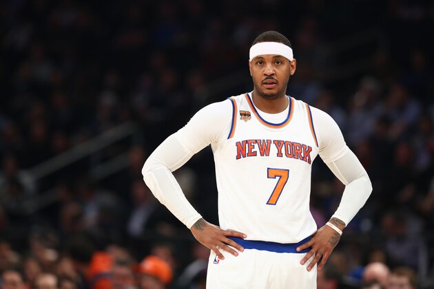 NEW YORK, NY - FEBRUARY 27:  Carmelo Anthony #7 of the New York Knicks looks on against the Toronto Raptors during their game at Madison Square Garden on February 27, 2017 in New York City.   NOTE TO USER: User expressly acknowledges and agrees that, by downloading and/or using this Photograph, user is consenting to the terms and conditions of the Getty Images License Agreement.  (Photo by Al Bello/Getty Images)