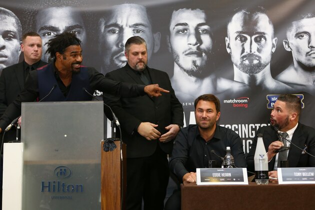 LIVERPOOL, ENGLAND - FEBRUARY 27: David Haye rpoints at Tony Bellew during a press conference at the Hilton Hotel on February 27, 2017 in Liverpool, England. Haye and Bellew face each other in a heavyweight contest at the O2 Arena in London this Saturday.  (Photo by Dave Thompson/Getty Images)