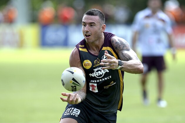 BRISBANE, AUSTRALIA - MARCH 01:  Darius Boyd passes the ball during a Brisbane Broncos NRL training session on March 1, 2017 in Brisbane, Australia.  (Photo by Bradley Kanaris/Getty Images)