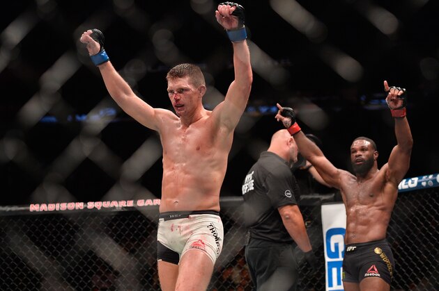 NEW YORK, NY - NOVEMBER 12:  (R-L) Tyron Woodley and Stephen Thompson raise their hands after their UFC welterweight championship fight during the UFC 205 event at Madison Square Garden on November 12, 2016 in New York City.  (Photo by Brandon Magnus/Zuffa LLC/Zuffa LLC via Getty Images)