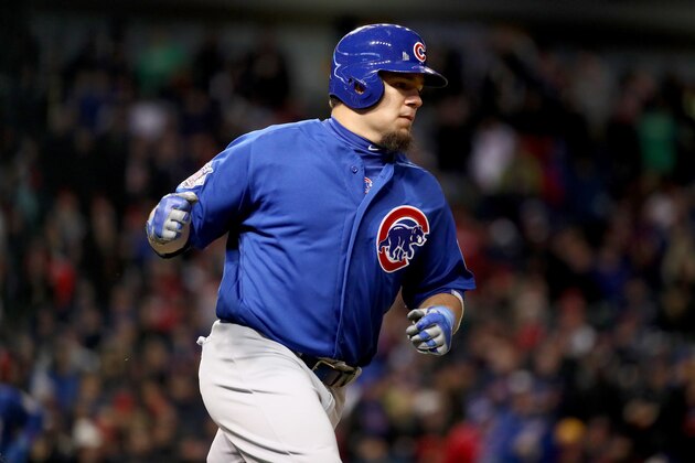 CLEVELAND, OH - OCTOBER 26:  Kyle Schwarber #12 of the Chicago Cubs reacts after hitting an RBI single to score Ben Zobrist #18 (not pictured) during the fifth inning against the Cleveland Indians in Game Two of the 2016 World Series at Progressive Field on October 26, 2016 in Cleveland, Ohio.  (Photo by Ezra Shaw/Getty Images)
