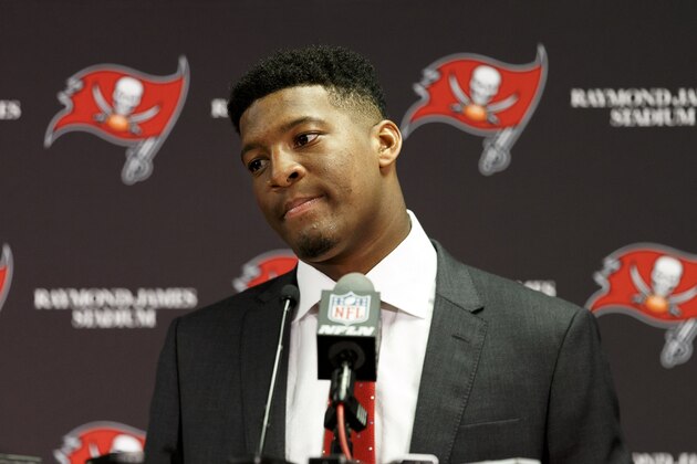 TAMPA, FL - JANUARY 1: Quarterback Jameis Winston #3 of the Tampa Bay Buccaneers attends a news conference after the game against the Carolina Panthers at Raymond James Stadium on January 1, 2017 in Tampa, Florida. The Buccaneers defeated the Panthers 17 to 16. (Photo by Don Juan Moore/Getty Images) TAMPA, FL - JANUARY 1: Quarterback Jameis Winston #3 of the Tampa Bay Buccaneers attends a news conference after the game against the Carolina Panthers at Raymond James Stadium on January 1, 2017 in Tampa, Florida. The Buccaneers defeated the Panthers 17 to 16. (Photo by Don Juan Moore/Getty Images)
