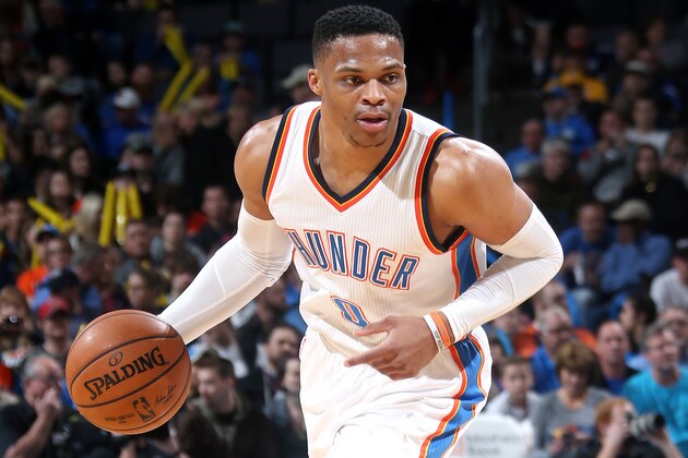 OKLAHOMA CITY, OK- FEBRUARY 24: Russell Westbrook #0 of the Oklahoma City Thunder handles the ball during the game against the Los Angeles Lakers on February 24, 2017 at Chesapeake Energy Arena in Oklahoma City, Oklahoma. NOTE TO USER: User expressly acknowledges and agrees that, by downloading and or using this photograph, User is consenting to the terms and conditions of the Getty Images License Agreement. Mandatory Copyright Notice: Copyright 2017 NBAE (Photo by Layne Murdoch/NBAE via Getty Images)