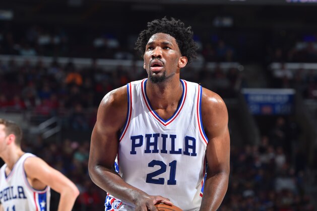 PHILADELPHIA, PA - JANUARY 20:  Joel Embiid #21 of the Philadelphia 76ers shoots a free throw during a game against the Portland Trail Blazers on January 20, 2017 at the Wells Fargo Center in Philadelphia, Pennsylvania. NOTE TO USER: User expressly acknowledges and agrees that, by downloading and/or using this photograph, user is consenting to the terms and conditions of the Getty Images License Agreement. Mandatory Copyright Notice: Copyright 2017 NBAE (Photo by Jesse D. Garrabrant/NBAE via Getty Images)
