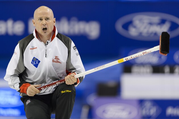 Canada's skip Kevin Koe reacts during the gold medal game Canada vs Denmark at the World Men's Curling Championships on April 10, 2016 in Basel. / AFP / FABRICE COFFRINI        (Photo credit should read FABRICE COFFRINI/AFP/Getty Images)