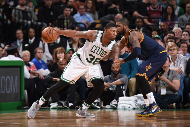 BOSTON, MA - March 1: Marcus Smart #36 of the Boston Celtics posts up against the Cleveland Cavaliers on March 1, 2017 at the TD Garden in Boston, Massachusetts.  NOTE TO USER: User expressly acknowledges and agrees that, by downloading and or using this photograph, User is consenting to the terms and conditions of the Getty Images License Agreement. Mandatory Copyright Notice: Copyright 2017 NBAE  (Photo by Brian Babineau/NBAE via Getty Images)