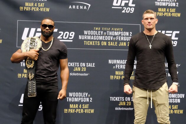 LAS VEGAS, NV - JANUARY 19:  (L-R) UFC Welterweight Champion Tyron Woodley and No. 1 UFC welterweight contender Stephen Thompson pose for the media during the UFC 209 Ultimate Media Day event inside The Park Theater on January 19, 2017 in Las Vegas, Nevada. (Photo by Juan Cardenas/Zuffa LLC/Zuffa LLC via Getty Images)