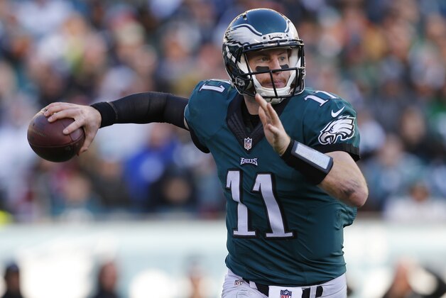 PHILADELPHIA, PA - JANUARY 01: Quarterback Carson Wentz #11 of the Philadelphia Eagles looks to pass against the Dallas Cowboys during the third quarter of a game at Lincoln Financial Field on January 1, 2017 in Philadelphia, Pennsylvania. The Eagles defatted the Cowboys 27-13. (Photo by Rich Schultz/Getty Images)