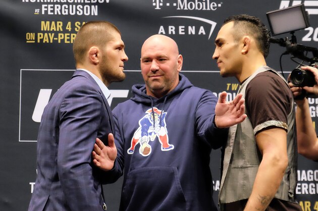 LAS VEGAS, NV - JANUARY 19:  (L-R) No. 1 lightweight contender Khabib Nurmagomedov of Russia and No. 2 lightweight contender Tony Ferguson face off during the UFC 209 Ultimate Media Day event inside The Park Theater on January 19, 2017 in Las Vegas, Nevada. (Photo by Juan Cardenas/Zuffa LLC/Zuffa LLC via Getty Images)