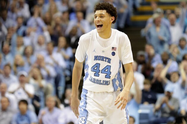 CHAPEL HILL, NC - FEBRUARY 22:  Justin Jackson #44 of the North Carolina Tar Heels reacts after a basket against the Louisville Cardinals during their game at the Dean Smith Center on February 22, 2017 in Chapel Hill, North Carolina.  (Photo by Streeter Lecka/Getty Images)