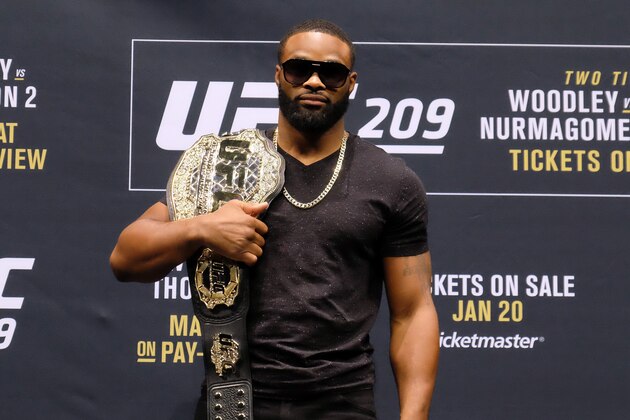 LAS VEGAS, NV - JANUARY 19:  UFC Welterweight Champion Tyron Woodley poses for the media during the UFC 209 Ultimate Media Day event inside The Park Theater on January 19, 2017 in Las Vegas, Nevada. (Photo by Juan Cardenas/Zuffa LLC/Zuffa LLC via Getty Images)