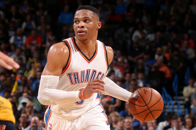 OKLAHOMA CITY, OK- FEBRUARY 28: Russell Westbrook #0 of the Oklahoma City Thunder handles the ball during the game against the Utah Jazz on February 28, 2017 at Chesapeake Energy Arena in Oklahoma City, Oklahoma. NOTE TO USER: User expressly acknowledges and agrees that, by downloading and or using this photograph, User is consenting to the terms and conditions of the Getty Images License Agreement. Mandatory Copyright Notice: Copyright 2017 NBAE (Photo by Layne Murdoch/NBAE via Getty Images)