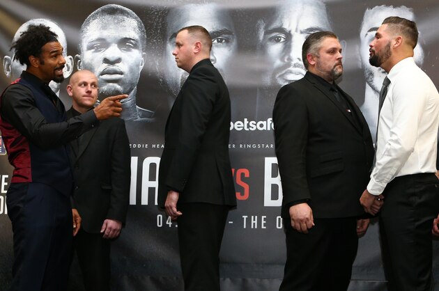 LIVERPOOL, ENGLAND - FEBRUARY 27: Security stand between David Haye, (L), and Tony Bellew (R) during a press conference at the Hilton Hotel on February 27, 2017 in Liverpool, England. Haye and Bellew face each other in a heavyweight contest at the O2 Arena in London this Saturday.  (Photo by Dave Thompson/Getty Images)