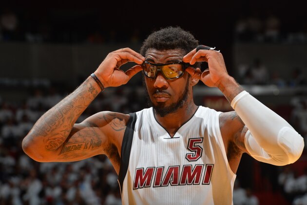 MIAMI,FL - APRIL 20:  Amar'e Stoudemire #5 of the Miami Heat looks on against the Charlotte Hornets during the Eastern Conference playoffs First Round Game Two on April 20, 2016 at the American Airlines Arena in Miami, Florida. NOTE TO USER: User expressly acknowledges and agrees that, by downloading and/or using this Photograph, user is consenting to the terms and conditions of the Getty Images License Agreement. Mandatory Copyright Notice: Copyright 2016 NBAE (Photo by Jesse D. Garrabrant/NBAE via Getty Images)