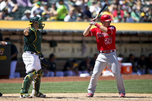 OAKLAND, CA - APRIL 30:  Josh Phegley #19 of the Oakland Athletics signals for an intentional walk of Mike Trout #27 of the Los Angeles Angels of Anaheim during the fifth inning at O.co Coliseum on April 30, 2015 in Oakland, California. The Los Angeles Angels of Anaheim defeated the Oakland Athletics 6-5. (Photo by Jason O. Watson/Getty Images)