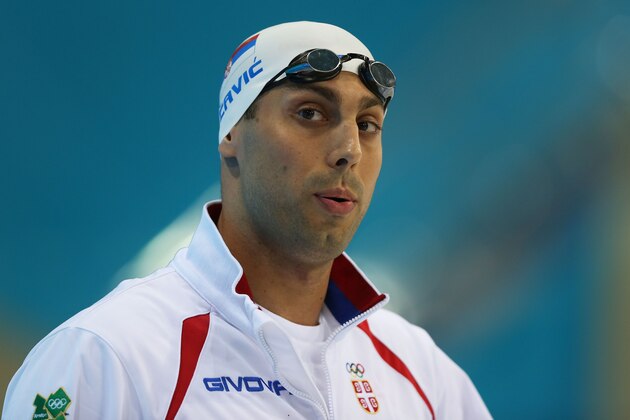 LONDON, ENGLAND - AUGUST 03:  Milorad Cavic of Serbia looks on ahead of the MenÂs 100m Butterfly Final on Day 7 of the London 2012 Olympic Games at the Aquatics Centre on August 3, 2012 in London, England.  (Photo by Clive Rose/Getty Images)