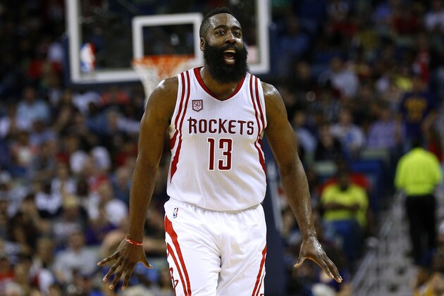NEW ORLEANS, LA - FEBRUARY 23:  James Harden #13 of the Houston Rockets reacts during a game against the New Orleans Pelicans at the Smoothie King Center on February 23, 2017 in New Orleans, Louisiana. NOTE TO USER: User expressly acknowledges and agrees that, by downloading and or using this photograph, User is consenting to the terms and conditions of the Getty Images License Agreement.  (Photo by Jonathan Bachman/Getty Images)
