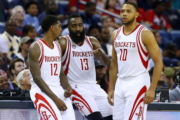 NEW ORLEANS, LA - FEBRUARY 23:  James Harden #13 of the Houston Rockets, Lou Williams #12, and Eric Gordon #10 talk during a game against the New Orleans Pelicans at the Smoothie King Center on February 23, 2017 in New Orleans, Louisiana. NOTE TO USER: User expressly acknowledges and agrees that, by downloading and or using this photograph, User is consenting to the terms and conditions of the Getty Images License Agreement.  (Photo by Jonathan Bachman/Getty Images)