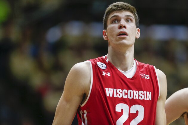 WEST LAFAYETTE, IN - JANUARY 08: Ethan Happ #22 of the Wisconsin Badgers is seen during the game against the Purdue Boilermakers at Mackey Arena on January 8, 2017 in West Lafayette, Indiana.  (Photo by Michael Hickey/Getty Images)