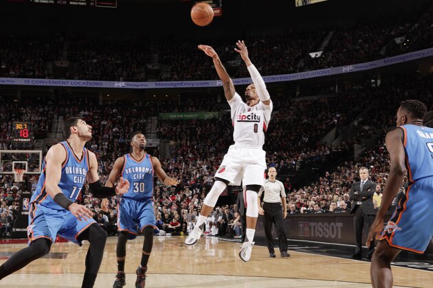 PORTLAND, OR - MARCH 2: Damian Lillard #0 of the Portland Trail Blazers shoots the ball against the Oklahoma City Thunder during the game on March 2, 2017 at the Moda Center in Portland, Oregon. NOTE TO USER: User expressly acknowledges and agrees that, by downloading and or using this Photograph, user is consenting to the terms and conditions of the Getty Images License Agreement. Mandatory Copyright Notice: Copyright 2017 NBAE (Photo by Cameron Browne/NBAE via Getty Images)