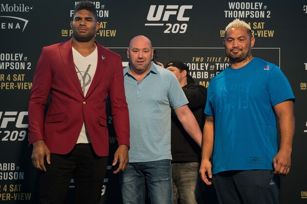 LAS VEGAS, NV - MARCH 02:  (L-R) Alisrtair Overeem and Mark Hunt pose for a picture during the UFC 209 Ultimate Media Day inside TMobile Arena on March 2, 2017 in Las Vegas, Nevada. (Photo by Brandon Magnus/Zuffa LLC/Zuffa LLC via Getty Images)