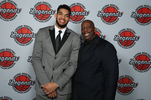 TORONTO, ON - FEBRUARY 14:  Karl-Anthony Towns #32 of the Minnesota Timberwolves and his father, Karl Towns Sr. attend the NBA Legends Brunch as part of NBA All-Star 2016 on February 14, 2016 in Toronto, Ontario Canada. NOTE TO USER: User expressly acknowledges and agrees that, by downloading and/or using this photograph, user is consenting to the terms and conditions of the Getty Images License Agreement. Mandatory Copyright Notice: Copyright 2016 NBAE (Photo by David Sherman/NBAE via Getty Images)