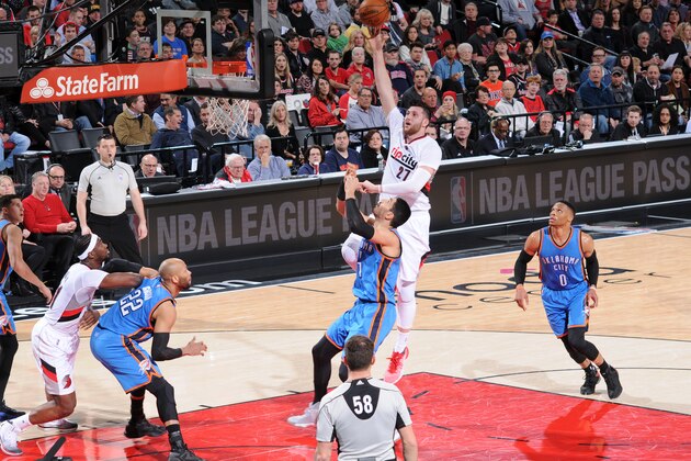 PORTLAND, OR - MARCH 2: Jusuf Nurkic #27 of the Portland Trail Blazers shoots the ball against the Oklahoma City Thunder during the game on March 2, 2017 at the Moda Center in Portland, Oregon. NOTE TO USER: User expressly acknowledges and agrees that, by downloading and or using this Photograph, user is consenting to the terms and conditions of the Getty Images License Agreement. Mandatory Copyright Notice: Copyright 2017 NBAE (Photo by Cameron Browne/NBAE via Getty Images)