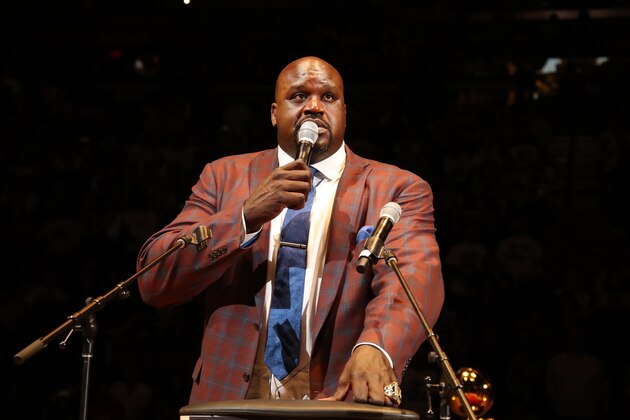 MIAMI, FL - DECEMBER 22:  NBA Legend Shaquille O'Neal speaks during his jersey retirement ceremony on December 22, 2016 at American Airlines Arena in Miami, Florida. NOTE TO USER: User expressly acknowledges and agrees that, by downloading and/or using this photograph, user is consenting to the terms and conditions of the Getty Images License Agreement. Mandatory Copyright Notice: Copyright 2016 NBAE (Photo by Issac Baldizon/NBAE via Getty Images)