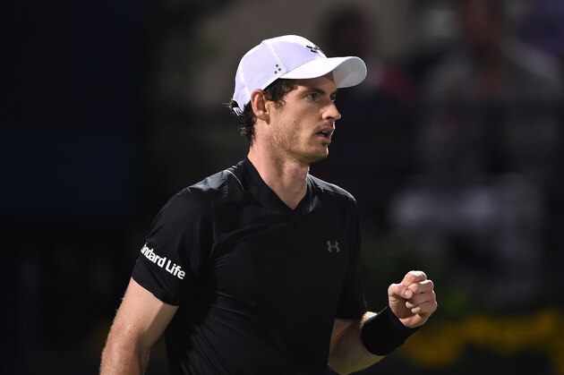 DUBAI, UNITED ARAB EMIRATES - MARCH 03:  Andy Murray of Great Britain celebrates winning his semi final match against Lucas Pouille of France on day six of the ATP Dubai Duty Free Tennis Championship on March 3, 2017 in Dubai, United Arab Emirates.  (Photo by Tom Dulat/Getty Images)