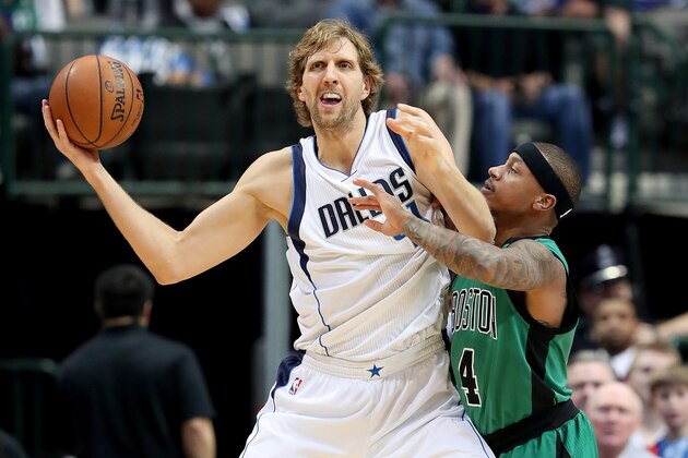 DALLAS, TX - FEBRUARY 13:  Dirk Nowitzki #41 of the Dallas Mavericks controls the ball against Isaiah Thomas #4 of the Boston Celtics in the first half at American Airlines Center on February 13, 2017 in Dallas, Texas. NOTE TO USER: User expressly acknowledges and agrees that, by downloading and or using this photograph, User is consenting to the terms and conditions of the Getty Images License Agreement.  (Photo by Tom Pennington/Getty Images)