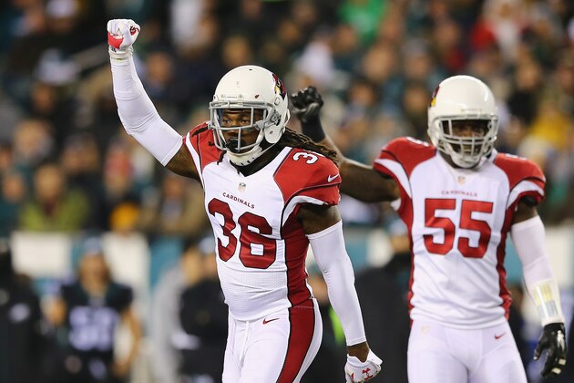 PHILADELPHIA, PA - DECEMBER 20:  D.J. Swearinger #36 of the Arizona Cardinals celebrates his stop of Ryan Mathews (not pictured) #24 of the Philadelphia Eagles preventing a first down for the Eagles in the second quarter at Lincoln Financial Field on December 20, 2015 in Philadelphia, Pennsylvania.  (Photo by Elsa/Getty Images)