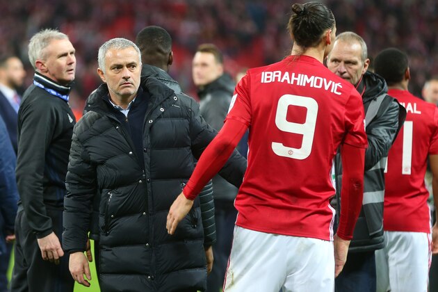 LONDON, ENGLAND - FEBRUARY 26: Jose Mourinho Manager of Manchester United and Zlatan Ibrahimovic of Manchester United during the EFL Cup Final match between Manchester United and Southampton at Wembley Stadium on February 26, 2017 in London, England. (Photo by Catherine Ivill - AMA/Getty Images)