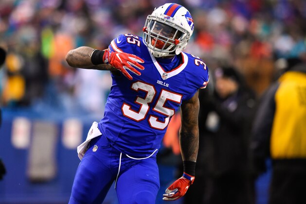 ORCHARD PARK, NY - DECEMBER 24:  Mike Gillislee #35 of the Buffalo Bills reacts following his run against the Miami Dolphins during overtime at New Era Field on December 24, 2016 in Orchard Park, New York. The Miami Dolphins defeated the Buffalo Bills 34-31 in overtime. (Photo by Rich Barnes/Getty Images)