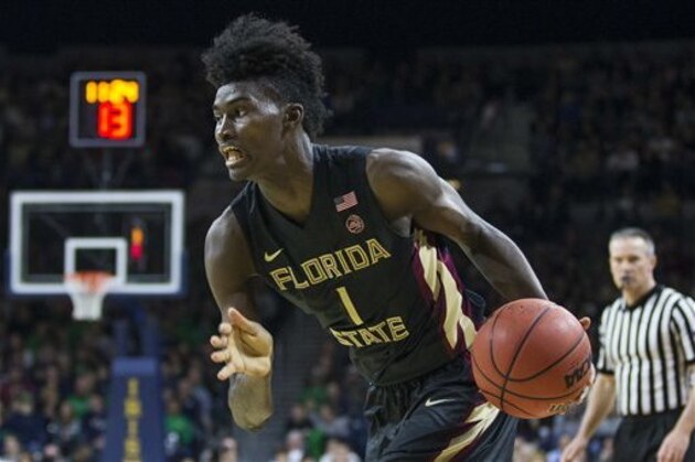 Florida State’s Jonathan Isaac (1) drives in during the second half of an NCAA college basketball game against Notre Dame Saturday, Feb. 11, 2017, in South Bend, Ind. Notre Dame won 84-72. (AP Photo/Robert Franklin)