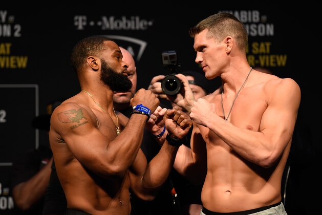 LAS VEGAS, NV - MARCH 03:  (L-R) UFC welterweight champion Tyron Woodley and Stephen Thompson face off during the UFC 209 weigh-in at T-Mobile arena on March 3, 2017 in Las Vegas, Nevada. (Photo by Josh Hedges/Zuffa LLC/Zuffa LLC via Getty Images)