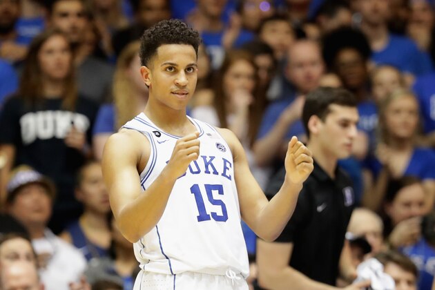 DURHAM, NC - FEBRUARY 28:  Frank Jackson #15 of the Duke Blue Devils reacts after a play during their game against the Florida State Seminoles at Cameron Indoor Stadium on February 28, 2017 in Durham, North Carolina.  (Photo by Streeter Lecka/Getty Images)